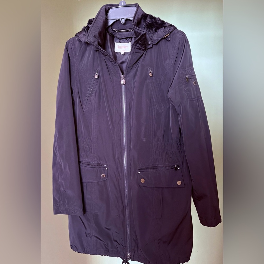 Preowned Laundry Black Hooded Parka Jacket Faux Fur Removable Lining Sz M